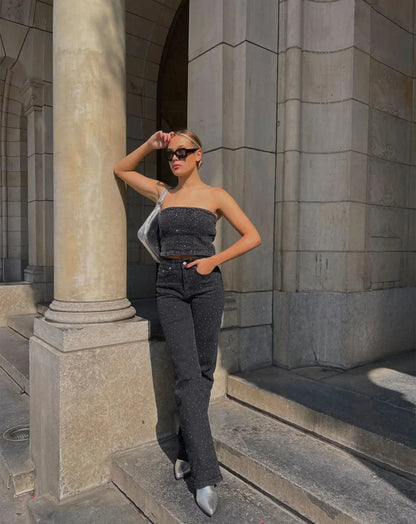 Velina Moda | Denim Sparkle Pants with Glitter