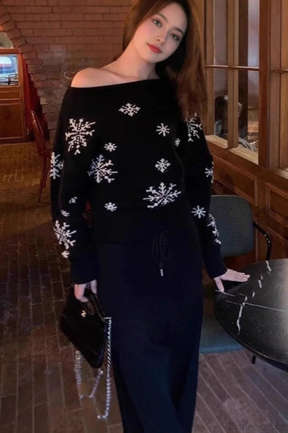 Velina Moda | Red Snowflake Christmas Off Shoulder Pullover Sweater